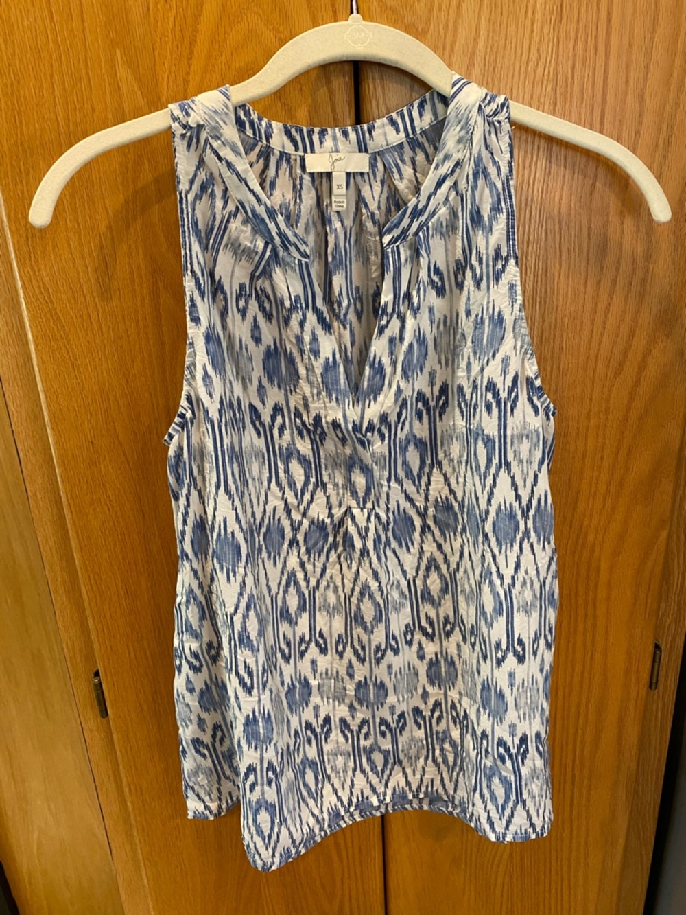 Joie White Blouse with Painterly Blue Print